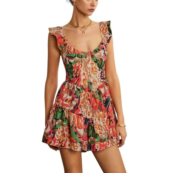 NWT Commense Print Low Cut Ruffle Short Jumpsuit Romper Women's Small - Picture 1 of 16